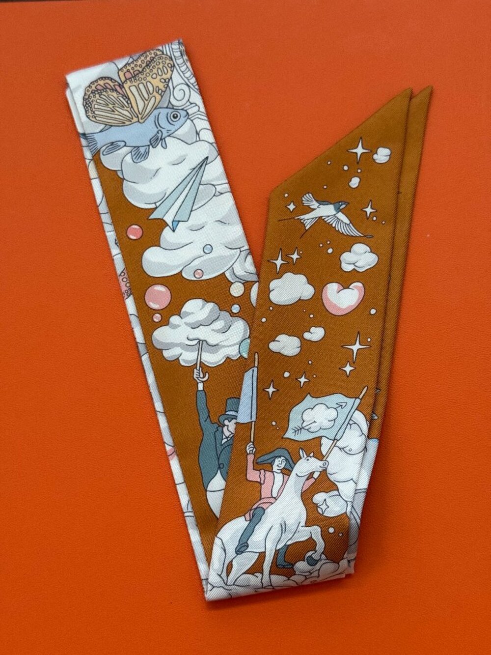 Hermes Twilly Sur Mon Nuage Caramel Silk Scarf